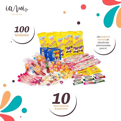 Mega Pack Chuches 100% Calidad: Marcas TOP en Chuches y Golosinas para Cumpleaños, Navidad, Halloween, Piñatas, Fiestas Infantiles - 100 Unid - Surtido de Chuches, Gominolas, Golosinas. [IAMI]