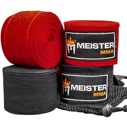 Meister Elite - Vendas de Mano para Adultos de 180 Pulgadas para Artes Marciales Mixtas y Boxeo, Paquete de 2 Pares con Bolsa de Malla, Color Negro/Rojo Sangre