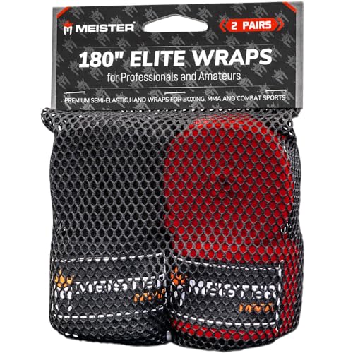 Meister Elite - Vendas de Mano para Adultos de 180 Pulgadas para Artes Marciales Mixtas y Boxeo, Paquete de 2 Pares con Bolsa de Malla, Color Negro/Rojo Sangre