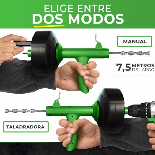 Meisterfaktur Desatascador Tuberias [7,5 m] - Función Automática - Espiral para Desatascar Tuberias Automática - ¡Espiral Limpiador de Desagües y de Tuberías para Aficionados al Bricolaje!