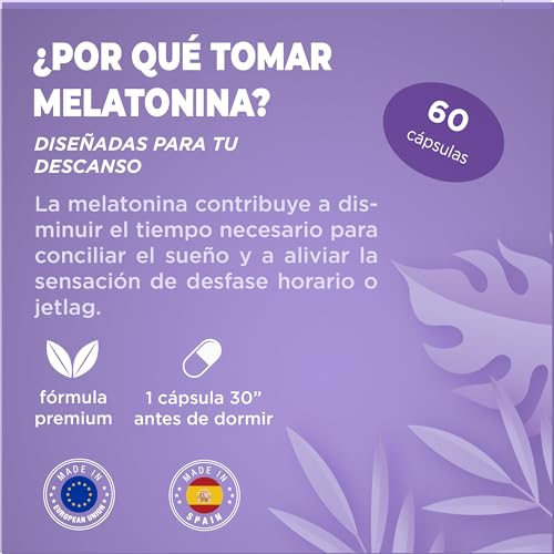 Melatonina Pura | 60UD | 2 Meses | Pastillas para dormir | Rápida conciliación del sueño | Melatonina sueño | Enriquecido con Pasiflora + Tila + Valeriana