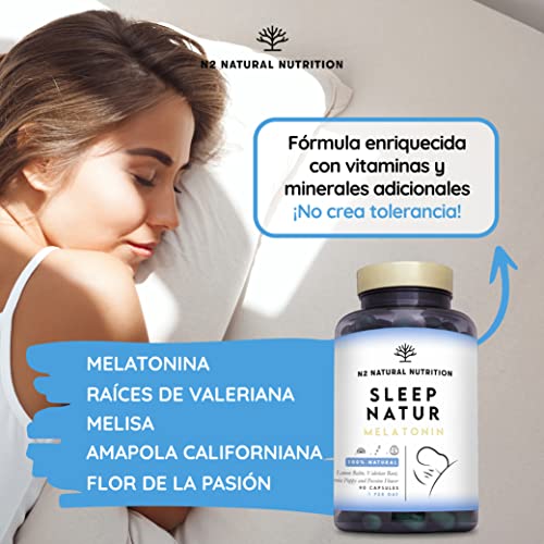 Melatonina Pura Complex con Valeriana, Pasiflora, Melisa, Amapola, Magnesio, Selenio y 10 Vitaminas. Induce y Prolonga el Sueño Reparador. 90 Cápsulas. CE. N2 Natural Nutrition