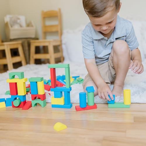 Melissa & Doug Bloques de madera geométricos, 100 piezas, Juguetes de desarrollo, Juego clásico de madera, Juego de construcción, Regalo para niños y niñas de 3 4 5 6 7 8 años