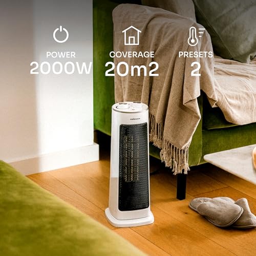 Mellerware - Calefactor Cerámico Oscilable Homy! 2000W | 3 Funciones (Incluido Ventilador) | Termostato Regulable | Apagado automático | <40dB | Compacto | Sistema Antivuelco | 20m2