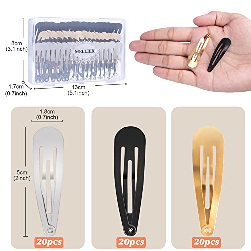 MELLIEX 60 Piezas Pinzas de Pelo para Mujeres, 5cm Pinzas para el Cabello a Presión de Metal Clips Pequeñas Horquillas Pelo con Caja Ideal para Mujer Niña Bebé (Dorado, Plateado, Negro)