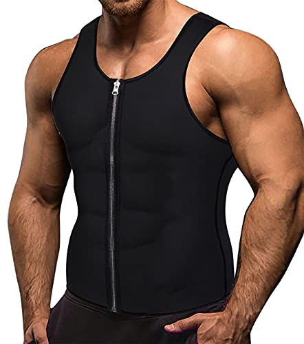 Memoryee Hombre Sauna Chaleco Deportivo Neopreno Entrenamiento Body Shaper Traje Entrenador Cintura Fitness Cremallera Camiseta Sin Mangas/Black/XL