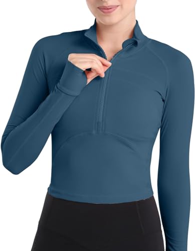 Memoryee Sudadera de Manga Larga y Blusa de Ombligo para Mujeres, Camiseta de Fitness de Yoga Running Sports, con Cremallera Media y Agujero en el Pulgar Azul M