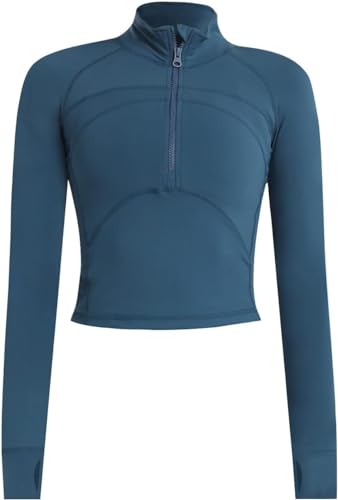 Memoryee Sudadera de Manga Larga y Blusa de Ombligo para Mujeres, Camiseta de Fitness de Yoga Running Sports, con Cremallera Media y Agujero en el Pulgar Azul M