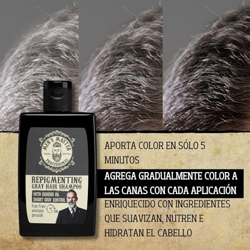 Men's Master Champú Repigmentante para Hombres con Canas | Con Aceite de Baobab y Coloración en 5 min | Aporta un Tono Gris Claro Natural | Sin Amoníaco, Sin Oxidante y Sin Peróxido | 120 ml