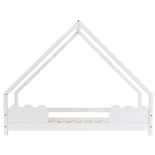 Merax Cama infantil de casa de 80 x 160 cm con somier, cama de árbol de madera estable con protección contra caídas para niños, color blanco