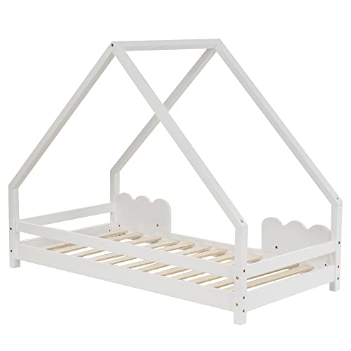 Merax Cama infantil de casa de 80 x 160 cm con somier, cama de árbol de madera estable con protección contra caídas para niños, color blanco