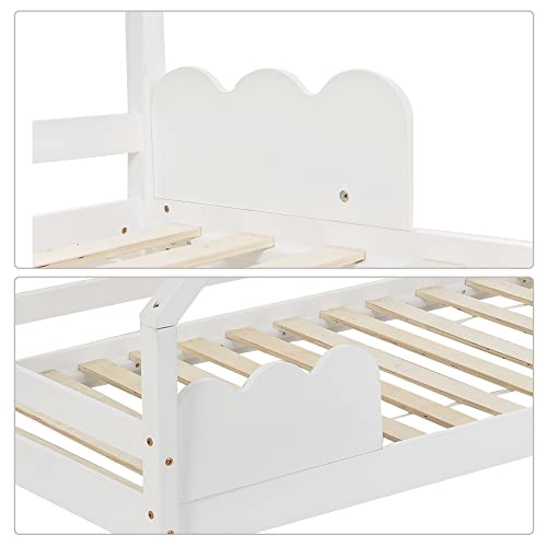 Merax Cama infantil de casa de 80 x 160 cm con somier, cama de árbol de madera estable con protección contra caídas para niños, color blanco