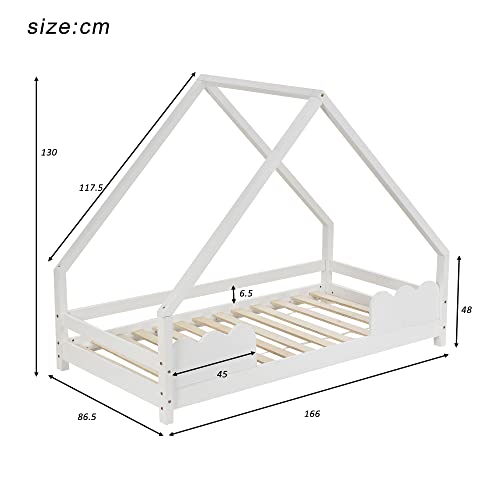 Merax Cama infantil de casa de 80 x 160 cm con somier, cama de árbol de madera estable con protección contra caídas para niños, color blanco