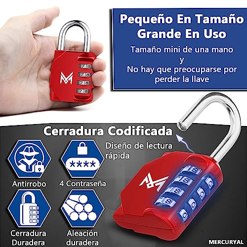 MERCURYAL Candado Combinacion - Candado Taquilla - Candados Seguridad 4 Dígitos - 1/2 UDS en Color Negro - Candado Maleta, Gimnasio, Cajones, Gym (1 Unidad, Rojo)