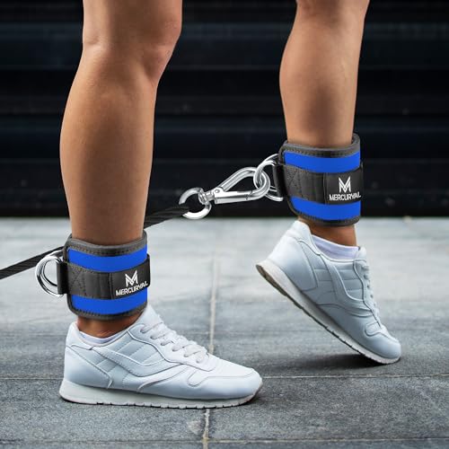 MERCURYAL Pack 2 Tobilleras Poleas Gym - Tobillera para Polea Acolchada de Velcro para Mujeres y Hombres - Correa Tobillos Gym para Máquina de Cable Fitness y Gimnasio (Azul)