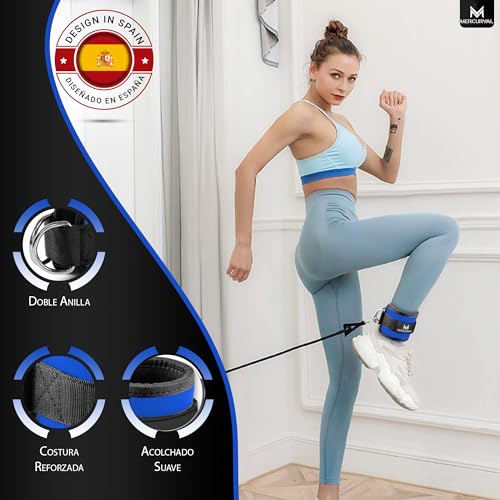 MERCURYAL Pack 2 Tobilleras Poleas Gym - Tobillera para Polea Acolchada de Velcro para Mujeres y Hombres - Correa Tobillos Gym para Máquina de Cable Fitness y Gimnasio (Azul)