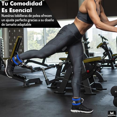 MERCURYAL Pack 2 Tobilleras Poleas Gym - Tobillera para Polea Acolchada de Velcro para Mujeres y Hombres - Correa Tobillos Gym para Máquina de Cable Fitness y Gimnasio (Azul)