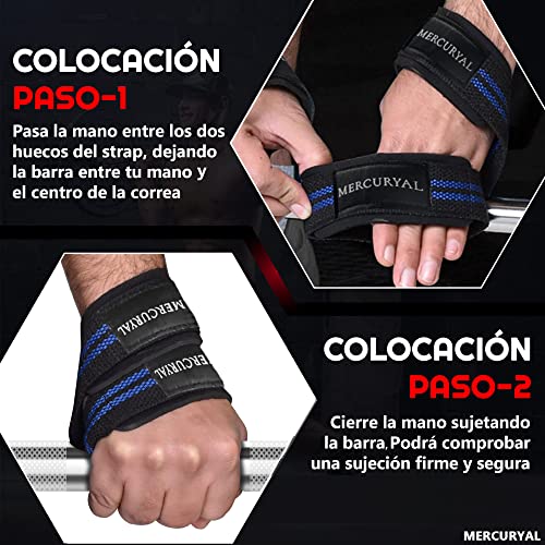 MERCURYAL Straps en 8 Gym para Nivel Avanzado y Profesional - Straps Powerlifting - Correas de Agarre en Forma de 8 de Gimansio y Peso Muerto - Accesorios Gimnasio (Azul)