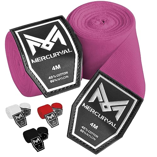 MERCURYAL Vendas Boxeo 4m para Proteger la Mano - Vendas Boxeo Guantes Interiores - Cinta Boxeo - Hand Wraps Muay Thai MMA Kick Boxing Artes Marciales - Vendas para Mujeres y Hombres (4 M, Rosa)