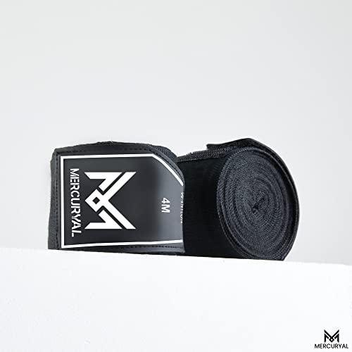 MERCURYAL Vendas Boxeo 4m para Proteger la Mano - Vendas Boxeo Guantes Interiores - Cinta Boxeo - Hand Wraps Muay Thai MMA Kick Boxing Artes Marciales - Vendas para Mujeres y Hombres (4 M, Negro)