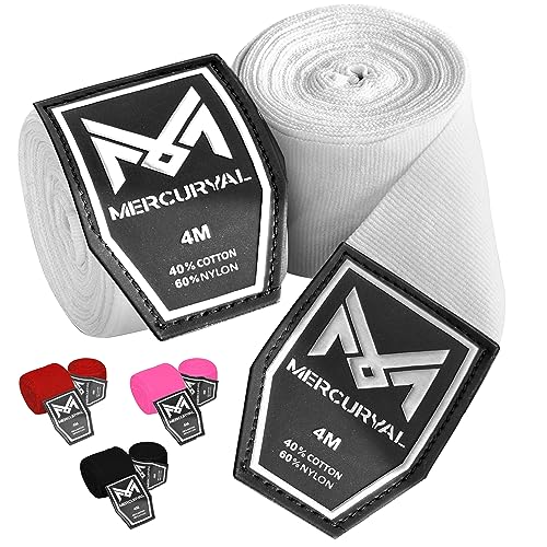 MERCURYAL Vendas Boxeo 4m para Proteger la Mano - Vendas Boxeo Guantes Interiores - Cinta Boxeo - Hand Wraps Muay Thai MMA Kick Boxing Artes Marciales - Vendas para Mujeres y Hombres (4 M, Blanco)