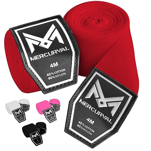 MERCURYAL Vendas Boxeo 4m para Proteger la Mano - Vendas Boxeo Guantes Interiores - Cinta Boxeo - Hand Wraps Muay Thai MMA Kick Boxing Artes Marciales - Vendas para Mujeres y Hombres (4 M, Rojo)