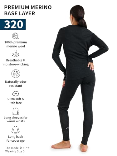 Merino.tech Conjunto de capa base de lana merino para mujer, ligera, de peso medio, ropa interior térmica de lana merino para mujer superior e inferior, Juego gris carbón 320, M