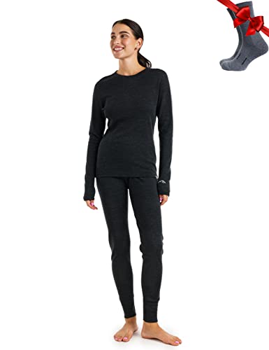 Merino.tech Conjunto de capa base de lana merino para mujer, ligera, de peso medio, ropa interior térmica de lana merino para mujer superior e inferior, Juego gris carbón 320, M