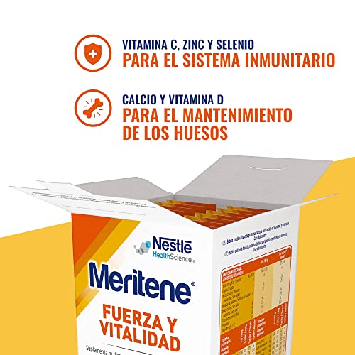 Meritene Fuerza y Vitalidad - Alimento Formato Polvo – Batido de Proteínas Vitaminas y Minerales –Fresa - Nutricional y Refuerzo del Sistema Inmunitario