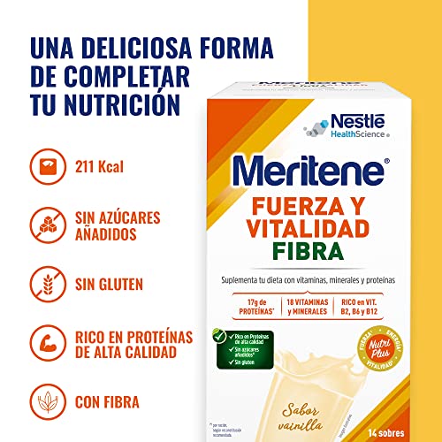 Meritene Fuerza y Vitalidad Fibra - Suplemento Alimenticio Formato Polvo – Batido de Proteínas Vitaminas y Minerales – Vainilla – Suplemento Nutricional y Refuerzo del Sistema Inmunitario