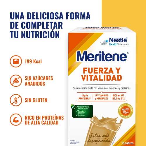 Meritene Fuerza y Vitalidad - Suplemento Alimenticio Formato Polvo – Batido de Proteínas Vitaminas y Minerales – Café Descafeinado – Suplemento Nutricional y Refuerzo del Sistema Inmunitario