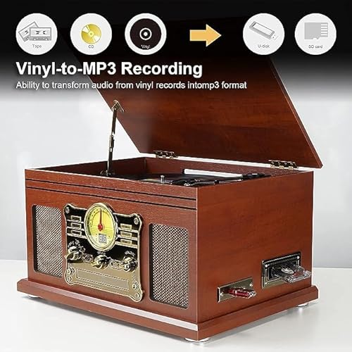 Mersoco Tocadiscos Bluetooth de Vinilo con Altavoces estéreo, Convertidor de Vinilo LP a MP3 con CD, Reproductor de Casete,Radio FM,Entrada Auxiliar y Tomas de Auriculares