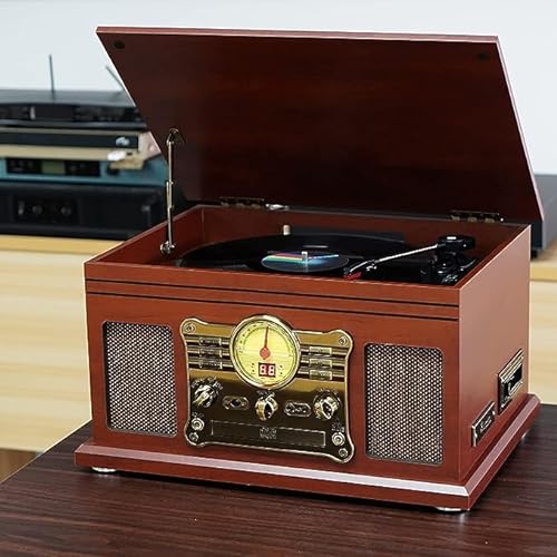 Mersoco Tocadiscos Bluetooth de Vinilo con Altavoces estéreo, Convertidor de Vinilo LP a MP3 con CD, Reproductor de Casete,Radio FM,Entrada Auxiliar y Tomas de Auriculares