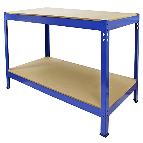 Mesa Trabajo Metálica Q-Rax Sin Tornillos Azul 90x100x60cm Banco Trabajo Taller Garaje Bricolaje Blue Metal Workbench Estante Ajustable Altura con Capacidad 200kg + Pies de Goma Protectores GRATIS