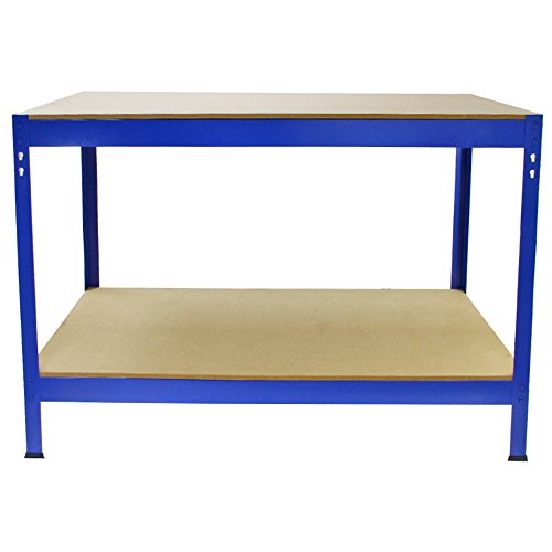 Mesa Trabajo Metálica Q-Rax Sin Tornillos Azul 90x100x60cm Banco Trabajo Taller Garaje Bricolaje Blue Metal Workbench Estante Ajustable Altura con Capacidad 200kg + Pies de Goma Protectores GRATIS