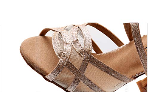 MGM-Joymod Sandalias cómodas de malla con purpurina para mujer, para salsa, tango, salón de baile, estilo latino, moderno, para boda, fiesta, Tacón de 9 cm con purpurina dorada, 38 EU