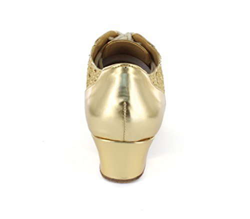 MGM-Joymod Zapatos de baile modernos latinos con cordones y puntera cerrada, para salsa, tango, samba, jazz, rumba, salón de baile, zapatos de noche y boda, Tacón dorado de 4 5 cm, 42 1/3 EU