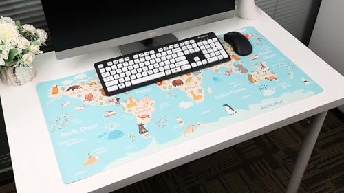 MHwan Alfombrilla ratón, Cuero PU Impermeable y Antimanchas Protector Mesa Escritorio, fácil de Fregar y sin Olor tapete Escritorio, geografía Animal Mundial Alfombrilla Escritorio (80x40cm)