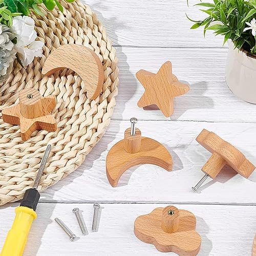 MHwan tiradores cajones, 6 piezas grande madera maciza tiradores cocina, textura natural estrellas, luna y nubes pomos y tiradores infantiles, decoración cerca de la naturaleza