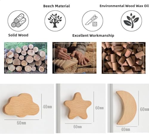 MHwan tiradores cajones, 6 piezas grande madera maciza tiradores cocina, textura natural estrellas, luna y nubes pomos y tiradores infantiles, decoración cerca de la naturaleza