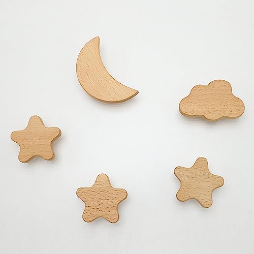 MHwan tiradores cajones, 6 piezas grande madera maciza tiradores cocina, textura natural estrellas, luna y nubes pomos y tiradores infantiles, decoración cerca de la naturaleza