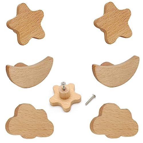 MHwan tiradores cajones, 6 piezas grande madera maciza tiradores cocina, textura natural estrellas, luna y nubes pomos y tiradores infantiles, decoración cerca de la naturaleza