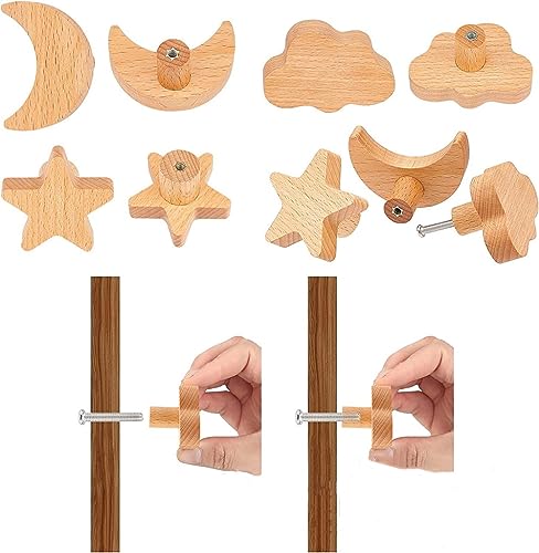 MHwan tiradores cajones, 6 piezas grande madera maciza tiradores cocina, textura natural estrellas, luna y nubes pomos y tiradores infantiles, decoración cerca de la naturaleza