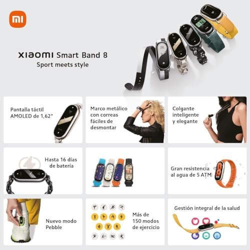 Mi Smart Band 8 - Pulsera de Actividad, Pantalla AMOLED, Monitorización de Frecuencia Cardíaca, 190 MAh, 150+ Modos Deportivos, hasta 16 Días de Autonomía, Negro