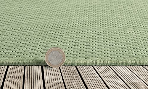 Mia's Teppiche Lara - Alfombra Robusta para Exteriores, Resistente a la Intemperie y a los Rayos UV, para Balcones, terrazas e invernaderos, Tejido Plano, Verde D1, 140 x 200 cm