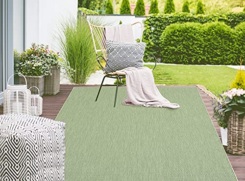 Mia's Teppiche Lara - Alfombra Robusta para Exteriores, Resistente a la Intemperie y a los Rayos UV, para Balcones, terrazas e invernaderos, Tejido Plano, Verde D1, 140 x 200 cm