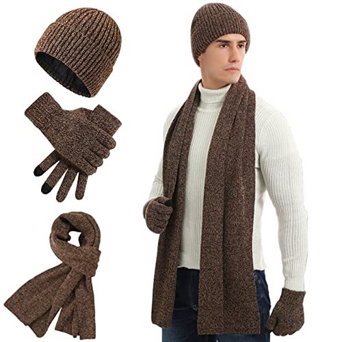 Micacorn Invierno 3 En 1 Gorro Bufanda Guante Set Para Hombres, Forro Grueso Gorro de Punto Guantes con Pantalla Táctil Bufanda Larga para Invierno al Aire Libre