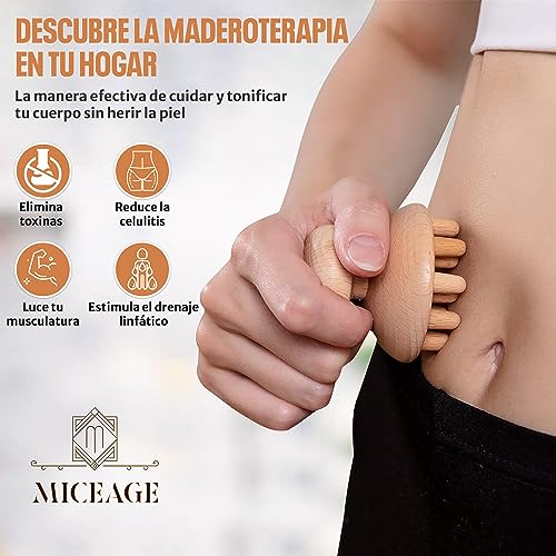 MICEAGE Kit Maderoterapia Corporal 5 Piezas con Masajeador Anticelulítico, Tabla Moldeadora, Rodillo Anticelulitico, Copa Sueca para Drenaje Linfático y Relajación Muscular de Piernas y Glúteos