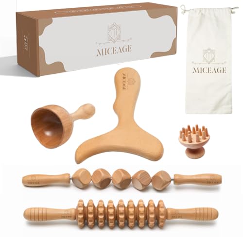 MICEAGE Kit Maderoterapia Corporal 5 Piezas con Masajeador Anticelulítico, Tabla Moldeadora, Rodillo Anticelulitico, Copa Sueca para Drenaje Linfático y Relajación Muscular de Piernas y Glúteos