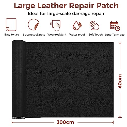 MICTER Cuero Adhesivo, 40x300cm Cuero Adhesivo para Tapizar, Polipiel Adhesiva Piel para Tapizar para Muebles, Sofá, Asiento de Coche, Silla de oficina, Reparación y Renovación (Negro)